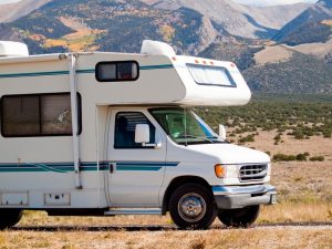 view of RV outside near mountains