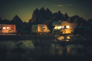 RVs parked at a state park in the summer at night