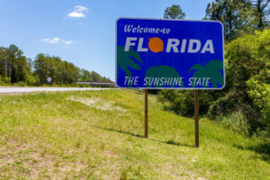 Welcome sign entering the state of Florida southbound from Georgia along Interstate 95.