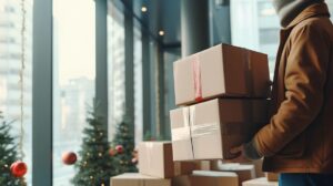 man packing holiday décor into boxes