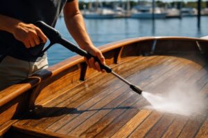 Man using a high pressure washer to clean the wooden deck of a boat docked in a sunny marina, showing maintenance and care.